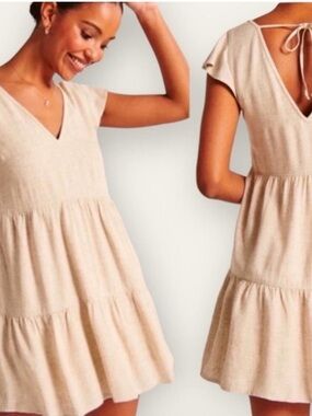 Abercrombie & Fitch Dress Linen Blend Tiered Mini Beige Size Large